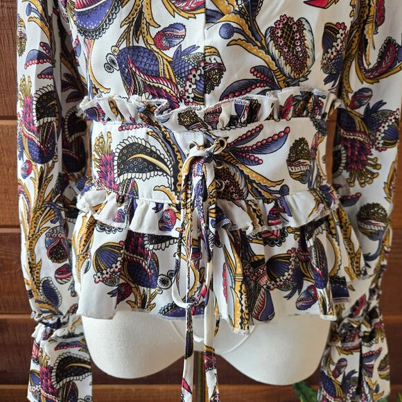 Franco Womens Paisley Floral Hippie Boho Belted Peplum Bell Sleeve Blouse Size M - Picture 3 of 12